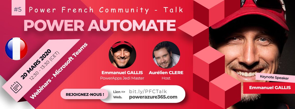 Notre 5ième Webinars de la Power French Community 🇫🇷aura lieu ce vendredi à 12h30 . La session se concentrera sur #PowerAutomate - Présenté par @R3dKap  - 
Parfait avant la #PPOC2020 !
#PowerAddicts #PowerAutomate #PowerPlatform #Webinars 

Lien du Teams->
powerazure365.com/webinars