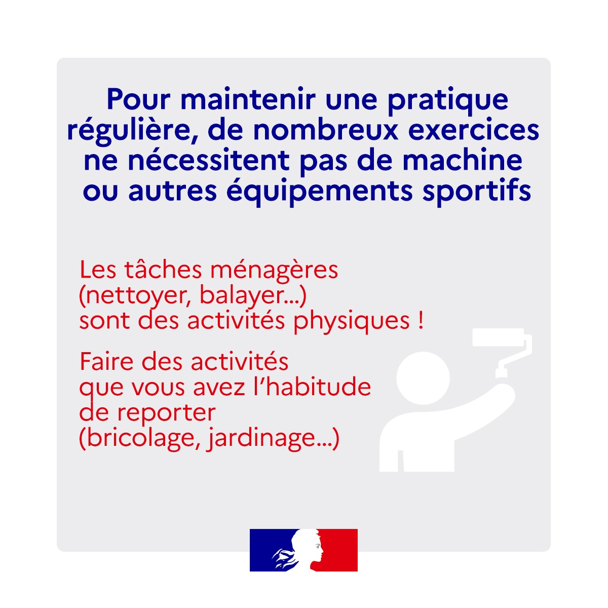 Sports_gouv's tweet photo. #RestezChezVous  Pour maintenir une pratique régulière, de nombreux exercices ne nécessitent pas de machine ou autres équipements sportifs 
🏋️‍♂️     🏋️     🏋️‍♀️
Nos conseils pour se maintenir en forme à la maison : https://t.co/VhL3MdDH7p #BougezChezVous #COVID2019 https://t.co/4JIegxLiwM