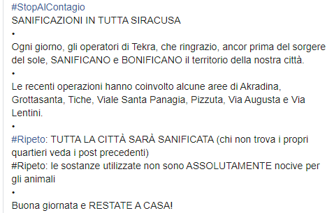 italiasindaco's tweet photo. #StopAlContagio
SANIFICAZIONI IN TUTTA SIRACUSA
•
Ogni giorno, gli operatori di Tekra, che ringrazio, ancor prima del sorgere del sole, SANIFICANO e BONIFICANO il territorio della nostra città. #Ripeto: TUTTA LA CITTÀ SARÀ SANIFICATA .
Buona giornata e RESTATE A CASA! https://t.co/x3djJm8b1h