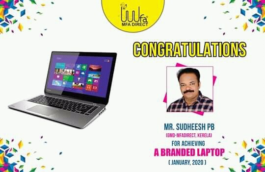 GoyalMfa's tweet photo. #RewardAchiever  
  Many Many #Congratulations to Mr. Sudheesh PB on #achieving a #branded #laptop.
 May you achieve greatness and touch all your dreams. 😊💭
     #MFADirect #DirectSelling #mlmindia #mlmbusiness #Health #wealth #growth #NetworkMarketing https://t.co/aQgwNQZY2y