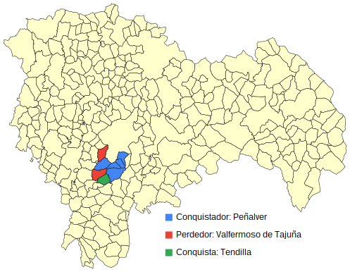 BotGuada's tweet image. Semana 751: Peñalver ha conquistado Tendilla, territorio antes ocupado por Valfermoso de Tajuña. Quedan 51 pueblos.
