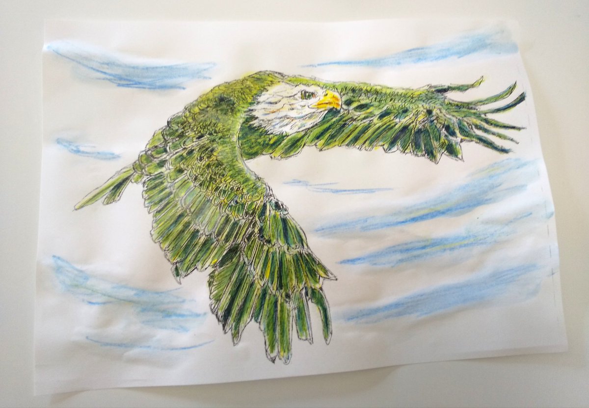 ギャラリーねこい 本日のイラスト ひまわりクラブのリクエストで描いた鷲 のぬりえ 好きな色で塗っても良いんだよ 的な見本を作るのにお菓子担当に何色が良い と聞いたら 緑の森に紛れて最強な鷲 と 赤くて乱獲されそうな鷲 となりました イラスト