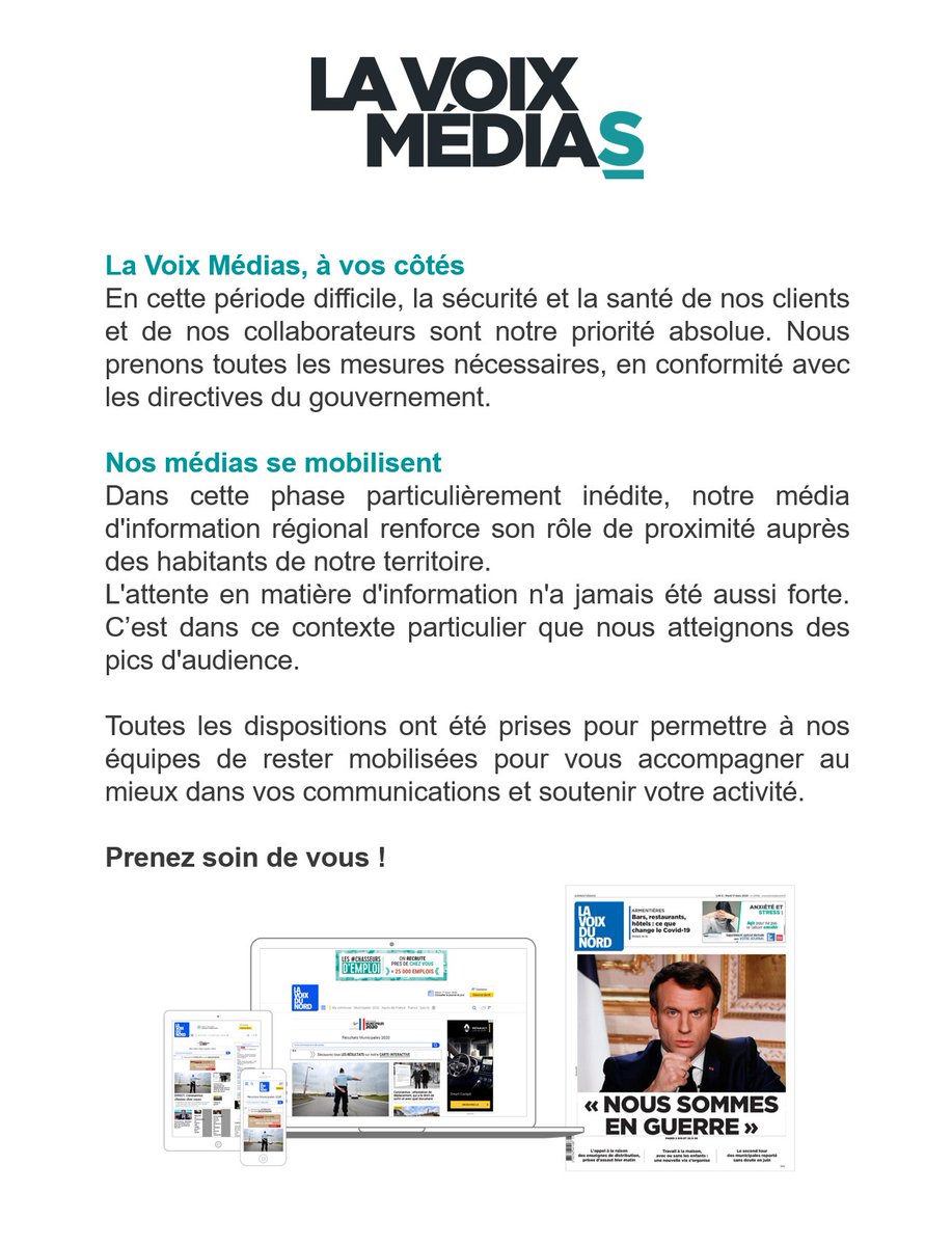 Chers clients, chers partenaires, 
La Voix Médias se mobilise à vos côtés, prenez soin de vous !