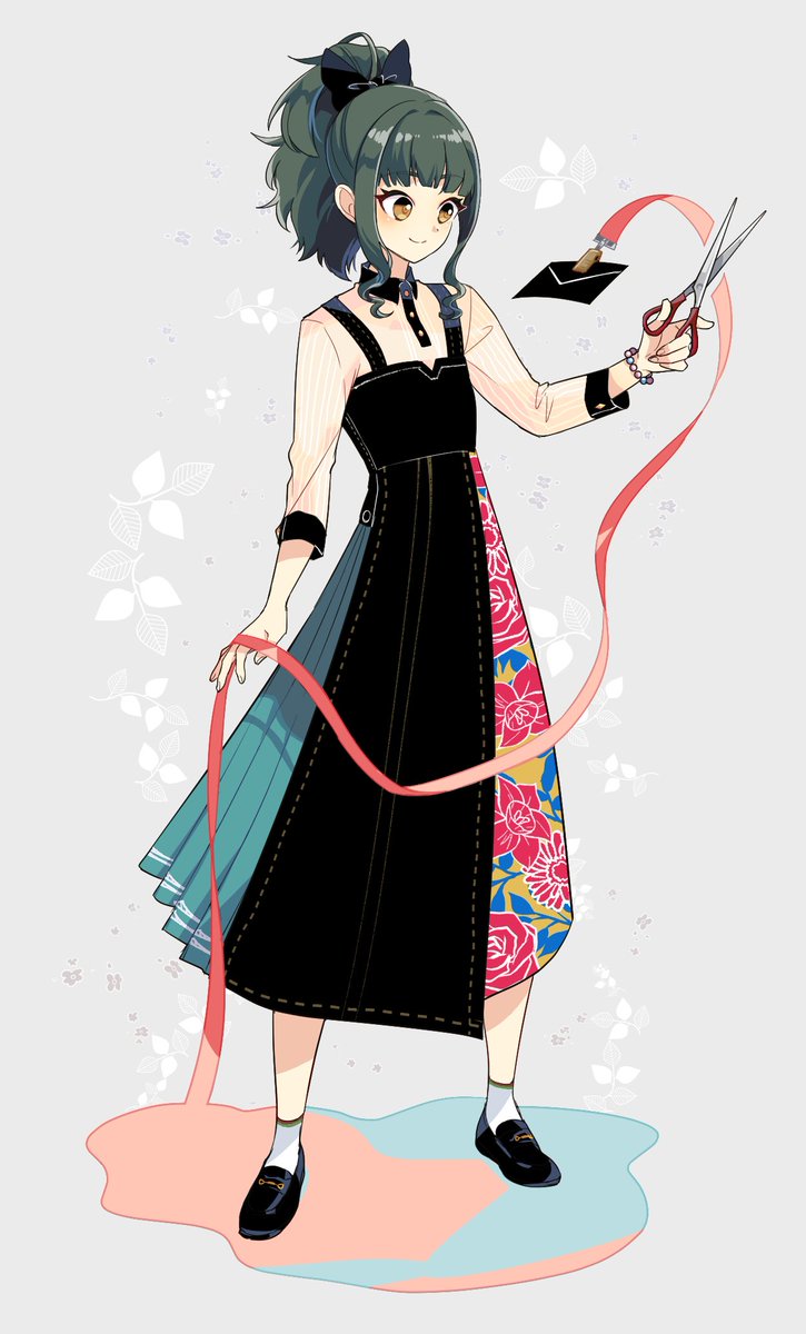 yuubari (kancolle) 1girl scissors solo ponytail green hair full body black footwear  illustration images