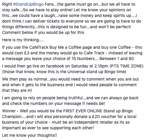 tjc1981's tweet image. Calling all #StandUpBingo Fans! Yes that includes you @GeoffThomasGTF and @rosenthal_jim What do we think? Online this Saturday, raising money for Cafe Track (Supporting autistic people to access employment) and hopefully a few smiles as well! #NTFC
