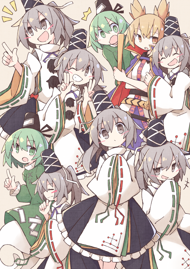 mononobe no futo ,soga no tojiko ,toyosatomimi no miko multiple girls ritual baton hat tate eboshi green hair green eyes ribbon-trimmed sleeves  illustration images