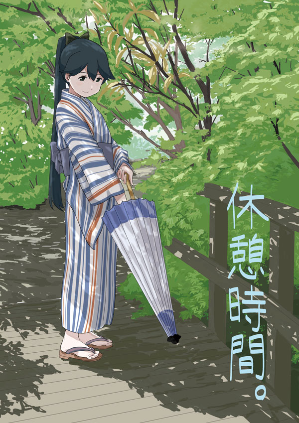 houshou (kancolle) japanese clothes umbrella ponytail kimono black hair long hair sky  illustration images