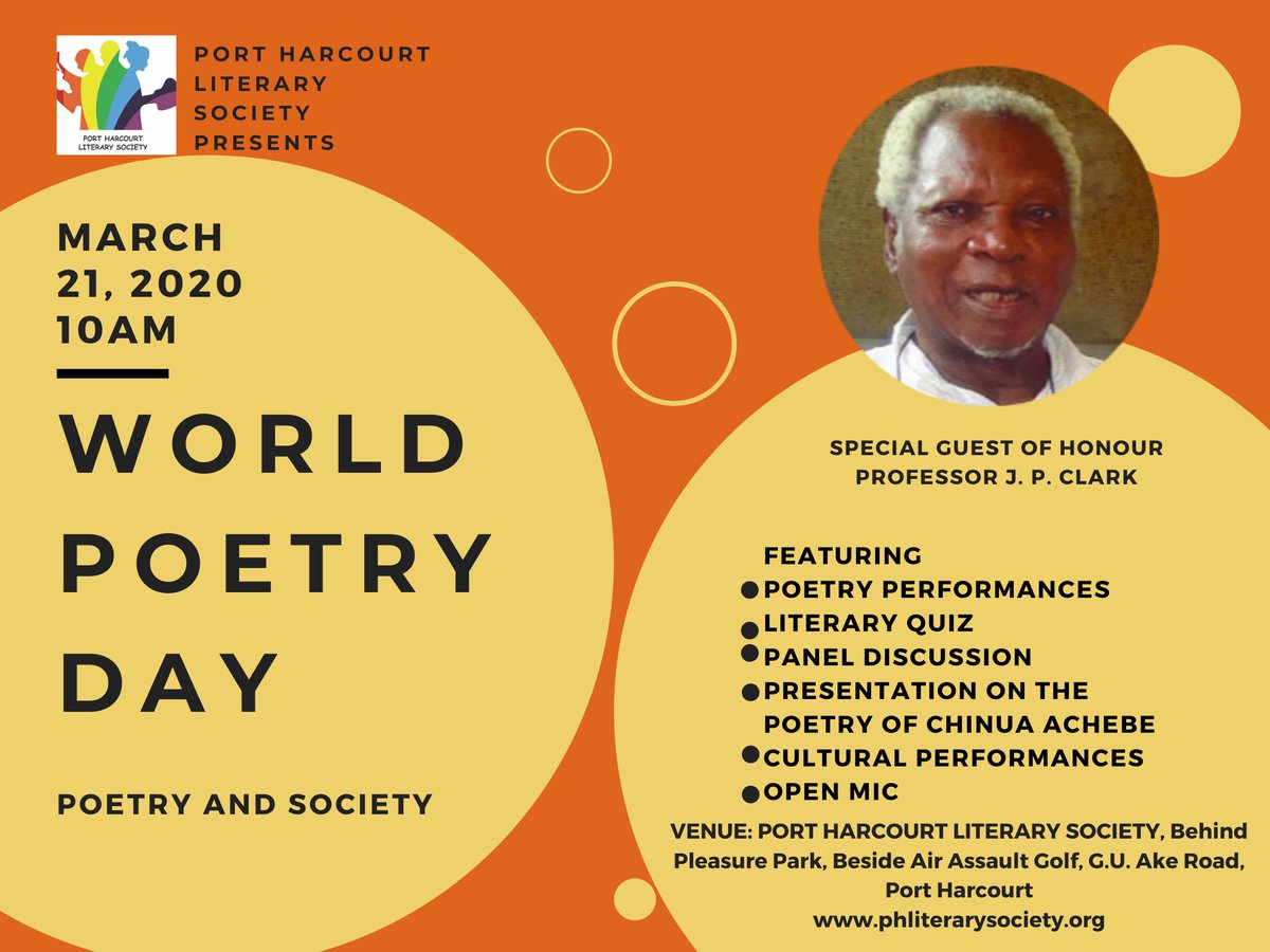 Phlslibrary's tweet photo. We're counting down to World Poetry Day @PHLSLibrary. If you're a lover of African poetry or literature then the PHLS library is the place to be on Saturday, March 21st.
We look forward to hosting Professor J. P. Clark as our special guest of honour.
#WorldPoetryDay
#PHLS https://t.co/vgD8tSxgtX