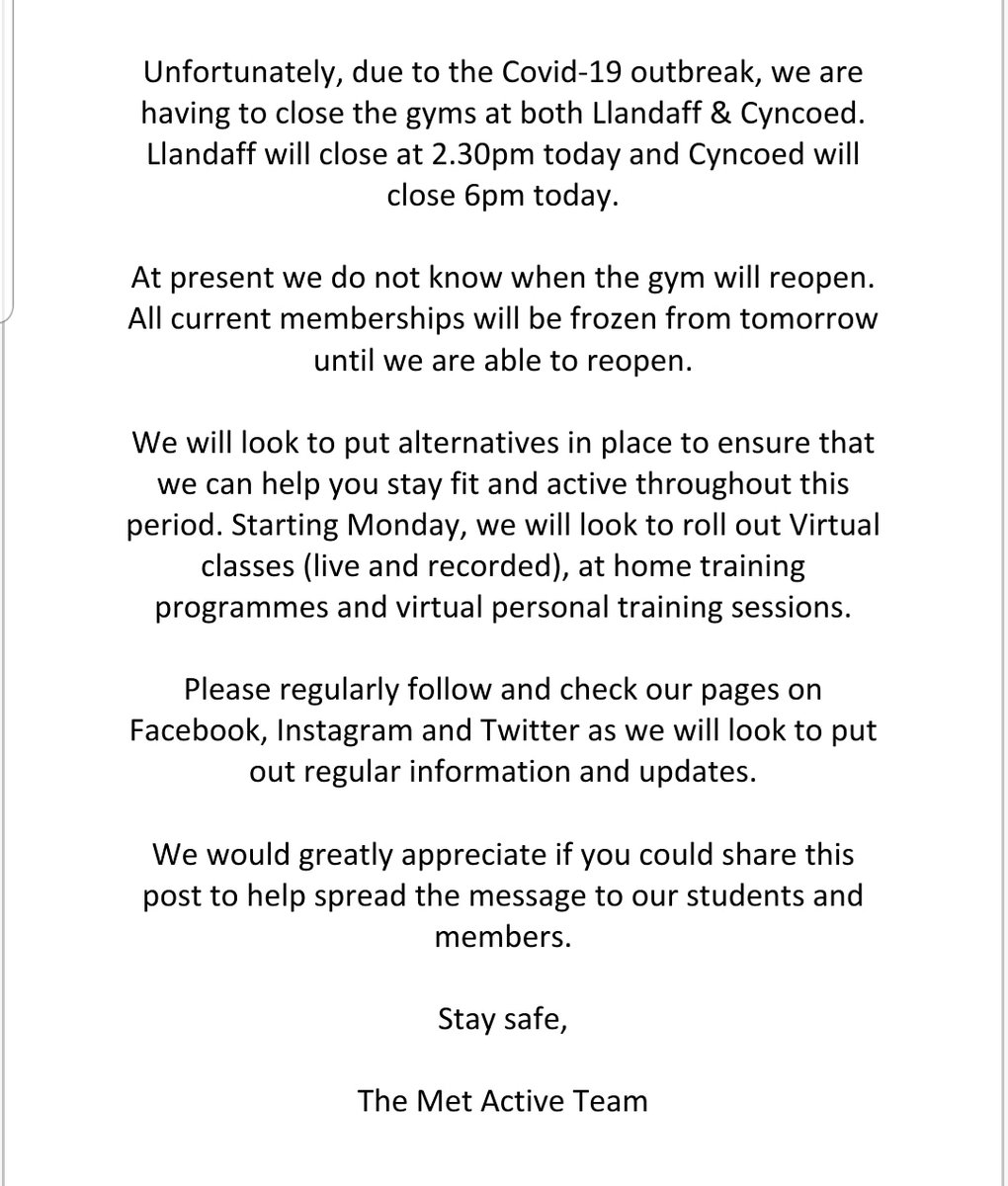 Met_Active's tweet photo. Please see information regarding gym closure and our plans to help keep you active throughout this period

RTs appreciated

#MetActive #cardiffmet #cardiff #Covid19 https://t.co/4wd9TpXyyO