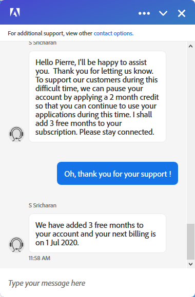 pierremorel's tweet photo. [Freelance créatifs - Covid19 - Aides] Vous pouvez obtenir des mois gratuits sur votre abonnement Adobe Creative Cloud en les sollicitant par tchat (en anglais) à partir de cette page (lien en bas de page)  https://t.co/zZxoi86vuZ Avec votre login et en expliquant vos difficultés https://t.co/y3MwkIXUqW