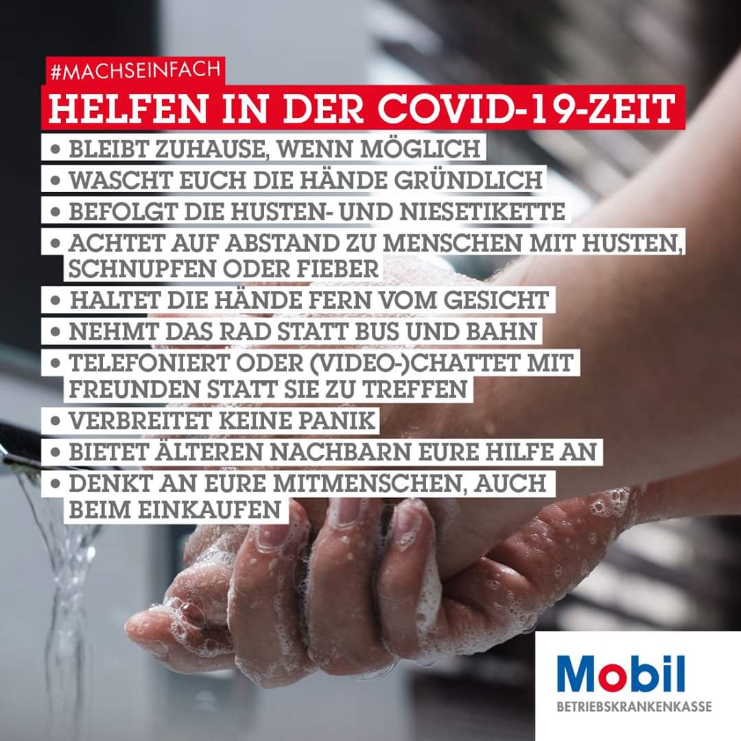 Gemeinsam schaffen wir es durch diese Zeit! So könnt ihr helfen, die Ausbreitung des Corona-Virus zu verlangsamen ☺️: #machseinfach #flattenthecurve #BKKMobilOil #WirsindGKV