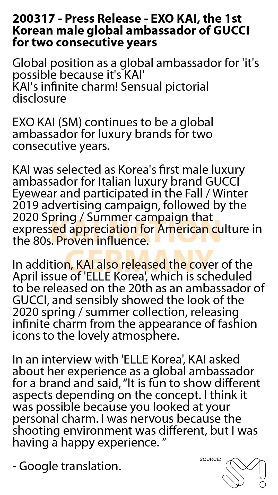 KAI NATION 🇩🇪 HBN88 on Twitter: "200317 Press Release | EXO KAI, the first Korean male global ambassador of GUCCI for two consecutive years 🔗: ©️SM Entertainment #KAI #EXO #