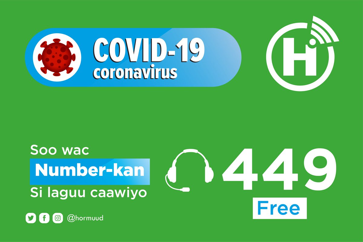 Hormuud's tweet photo. To support the national efforts to contain the #coronavirus Pandemic, we offered a toll-free hotline for the newly created Coronavirus taskforce. We should apply all preventive protocols and report suspected cases.
The safety of our people is a top priority. #COVID19 
#Mogadishu https://t.co/mn4RvkPdi7
