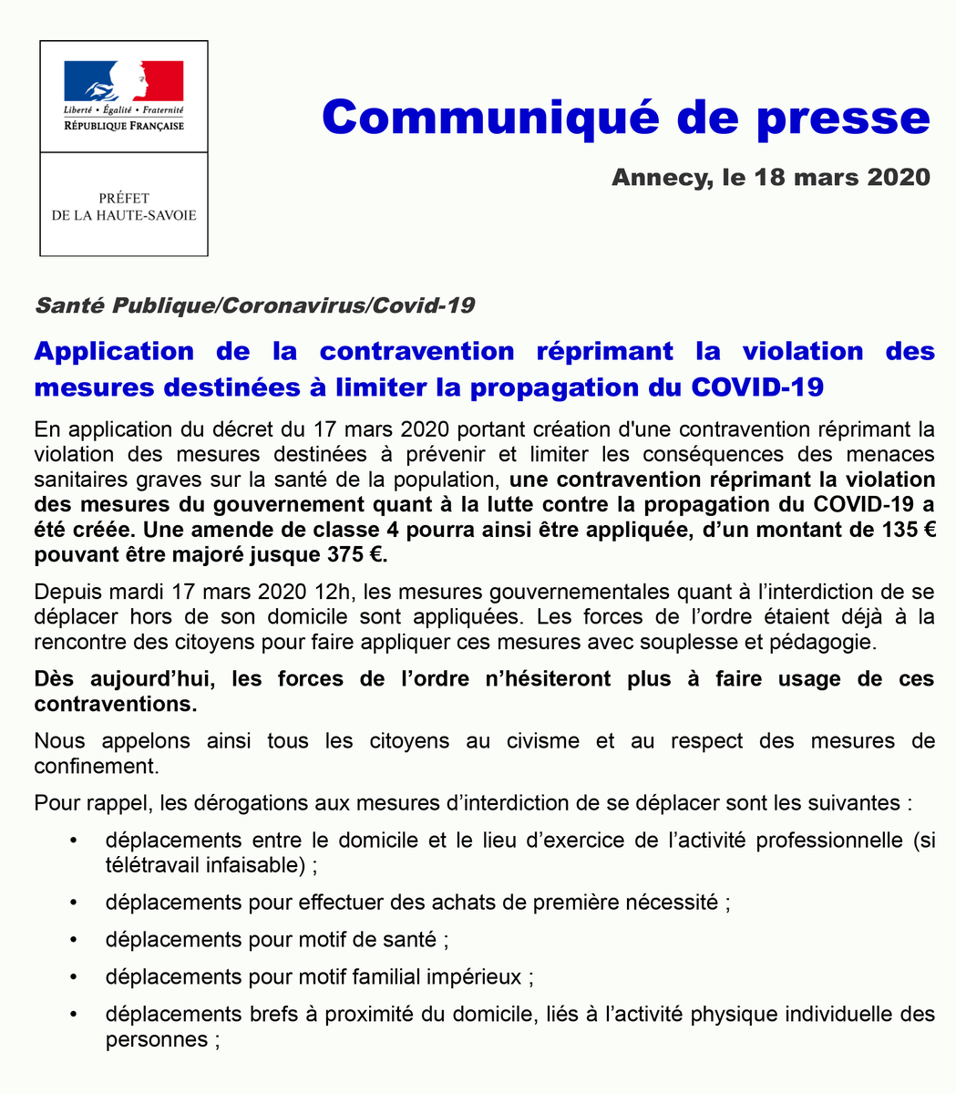 Prefet74's tweet photo. #Coronavirus #Covid19 Des contrôles fixes &amp; dynamiques sont mis en place sur l’ensemble de la #HauteSavoie par @PoliceNat74 &amp; @Gendarmerie_074. Les contrevenants seront systématiquement verbalisés par des contraventions allant de 135 à 375€. Infos ⤵️ #SauvezDesViesRestezChezVous https://t.co/x2GyJOxPAp