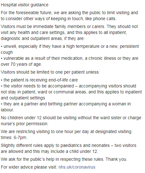 Please click &amp; read the image for an update about our visiting times. Thank you for your understanding. #WashYourHands #covid19UK #coronavirus