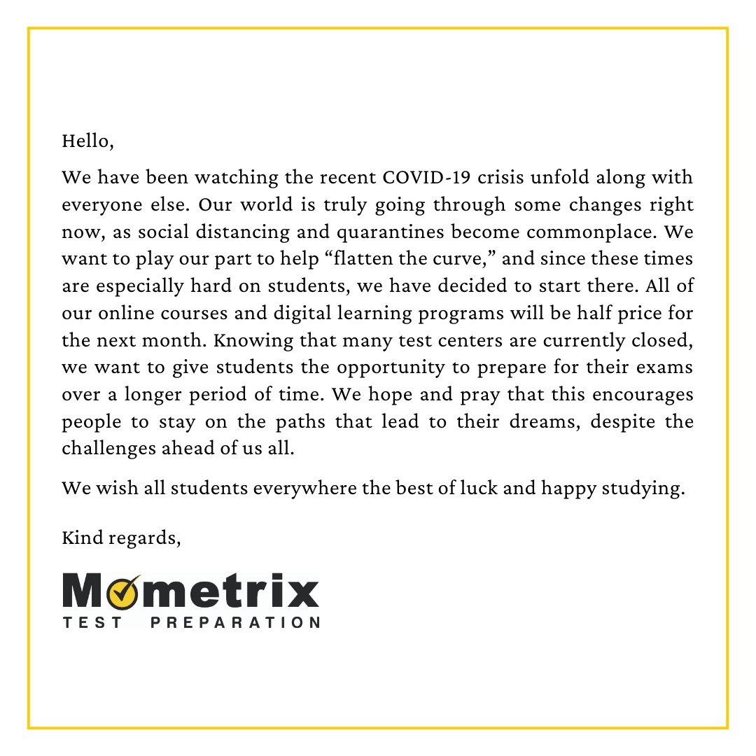 Mometrix's tweet image. As the COVID-19 crisis grows increasingly serious and widespread, we have sought out a way to help students who now find themselves learning from home.
Stay healthy and safe,
Mometrix Test Preparation
mometrix.com/university/ #FlattenTheCurve #Mometrix #COVID19