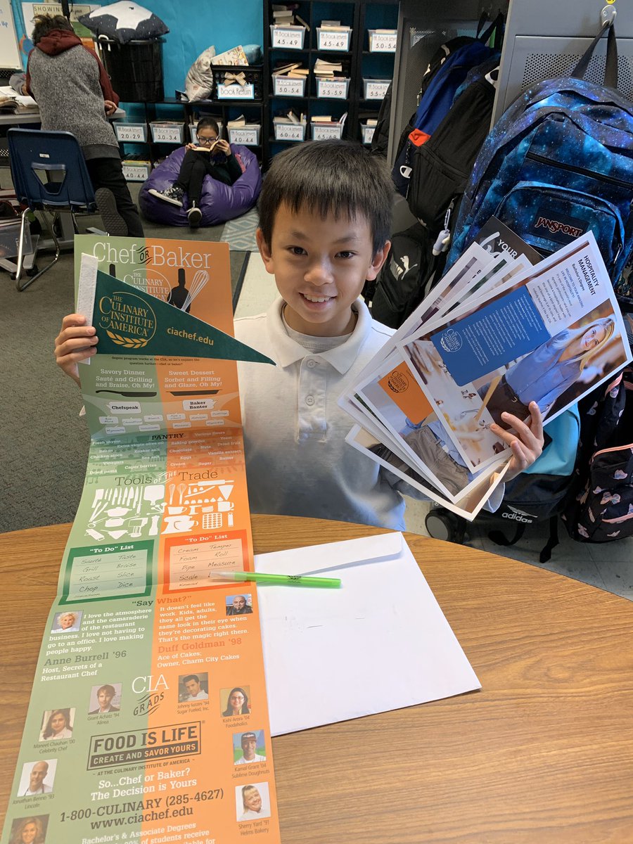 CardonaKidz's tweet photo. Can you say... FUTURE CHEF! Huge shoutout to @CIACulinary for responding to this kiddo and for helping him pursue his dream job! Thank you for inspiring him early on. #FutureCIAGrad #6thGrade #CollegeProject #CollegeBound #BestNewsBeforeClosure https://t.co/iDEIwrjNd4
