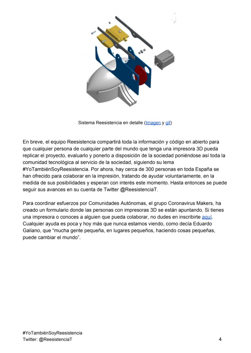 Un equipo de #makers @ReesistenciaT desarrolla en tiempo récord un respirador automático en 3D para hospitales 🙌🏼 Sígueles pq en breve sacarán toda la info en abierto para que cualquier persona con impresora 3D pueda imprimir #respiradores y los ponga a disposición de #Sanidad 👏🏼