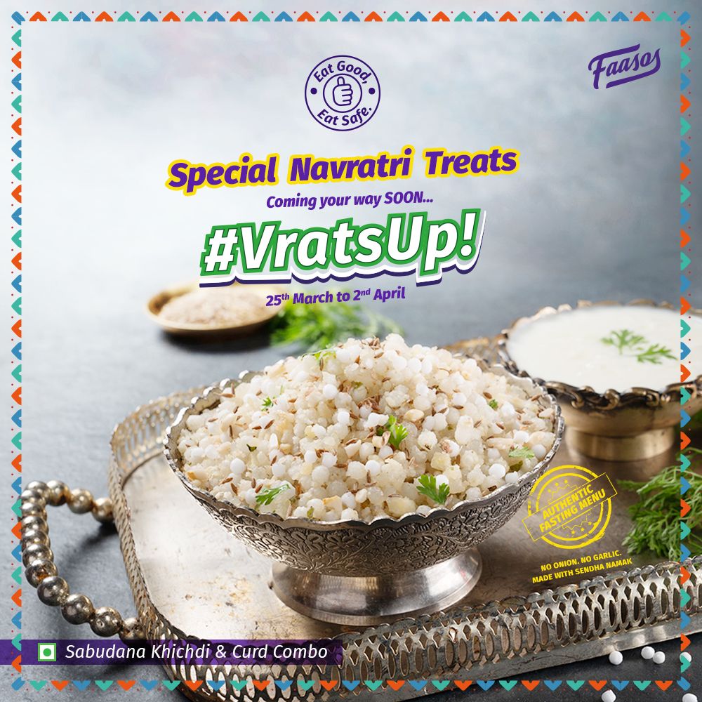 faasos's tweet photo. Vrats Up???
Nothing much!! just getting #FastingReady ! 😎 
Stay tuned, special Navratri treats coming soon! 😍 
.
#EatGoodEatSafe #HappyNavratri #NavratriSpecial #Navratri2020 #navratri  #EatGoodEatExciting #NavratriMenu #NavratriFast #NavratriFood #FaasosNavratri #FestiveFaasos https://t.co/7iSdpWYGl6