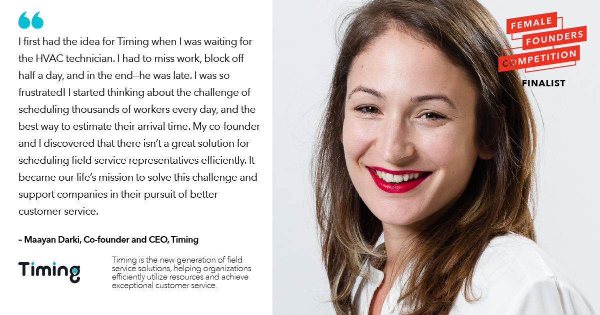 M12vc's tweet photo. Next #FemaleFoundersComp pitch is from @MaayanDarki, the Co-founder and CEO of @timingtech. Maayan and her team help field service organizations achieve efficiency and exceptional customer experience. https://t.co/EBTneH7fua