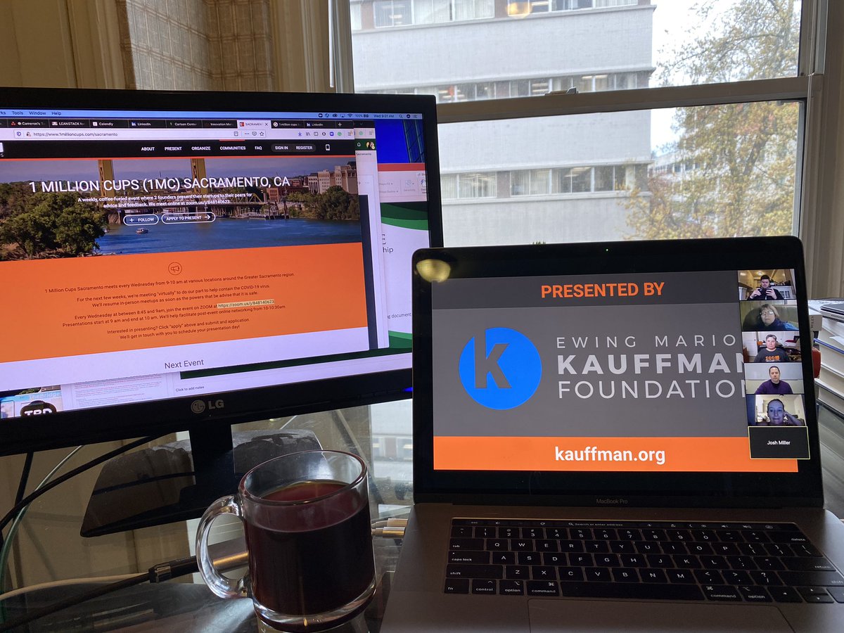 1MillionCupsSAC's tweet photo. We are live at #1MCSac! We are going full virtual! @goodlaura @joshdmiller @cameronrlaw @DigitalSplash @dancasasmurray @KauffmanFDN @AnnaLeano #caffeine #Entrepreneurship #SUTL https://t.co/kKzW9SAZfk