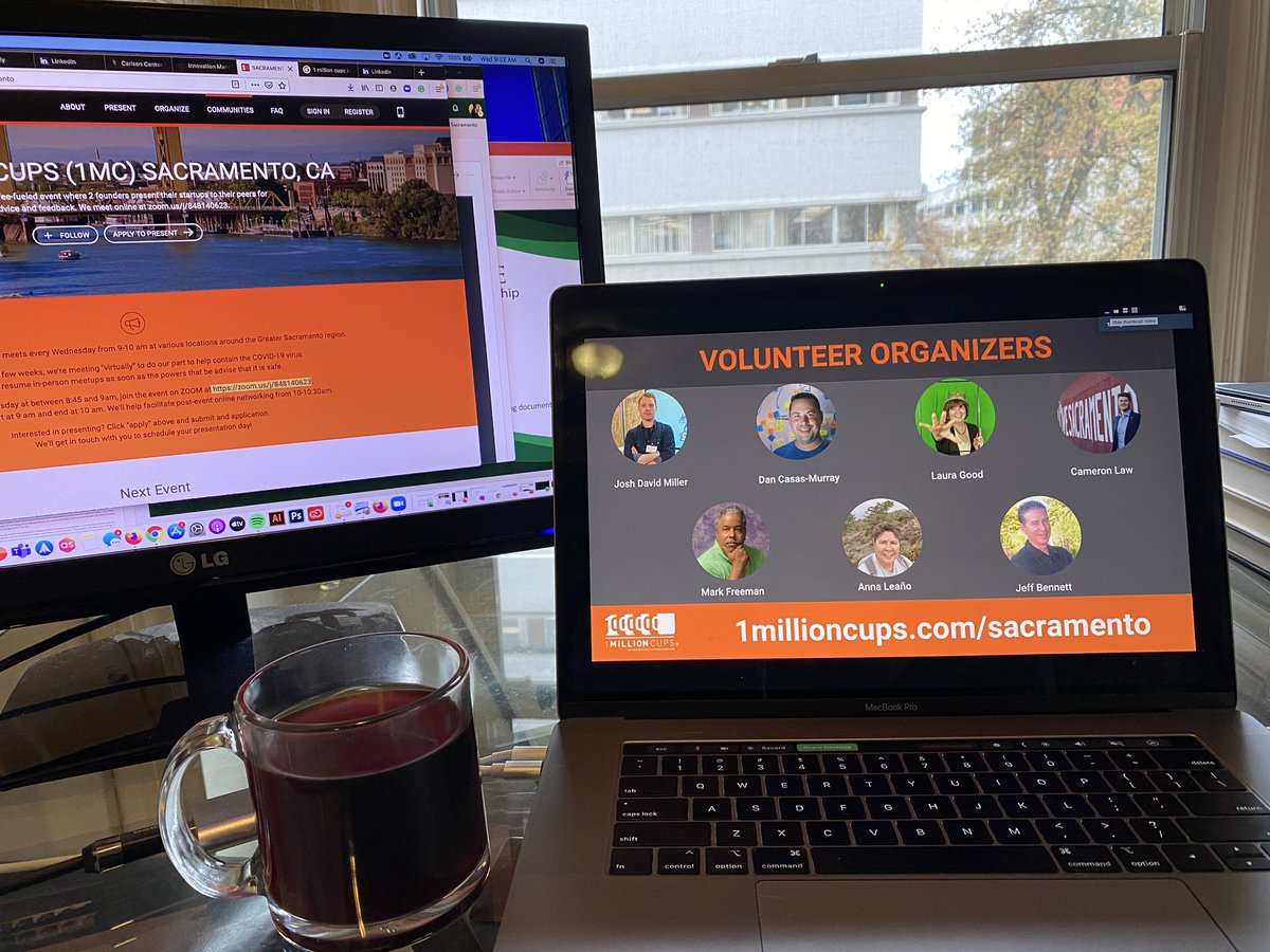 1MillionCupsSAC's tweet photo. We are live at #1MCSac! We are going full virtual! @goodlaura @joshdmiller @cameronrlaw @DigitalSplash @dancasasmurray @KauffmanFDN @AnnaLeano #caffeine #Entrepreneurship #SUTL https://t.co/kKzW9SAZfk