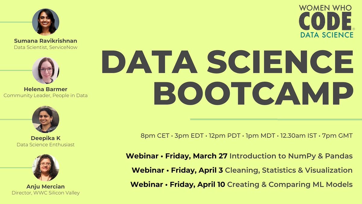 WWCodeData's tweet image. Want to be a #datascientist? Get your feet wet with tools of the trade! 📈💻 Join us in a 3-part series, which guides you through a “soup to nuts” journey on a #datascienceproject with #python. No experience required for this free #virtualbootcamp!
➡️ for links to register