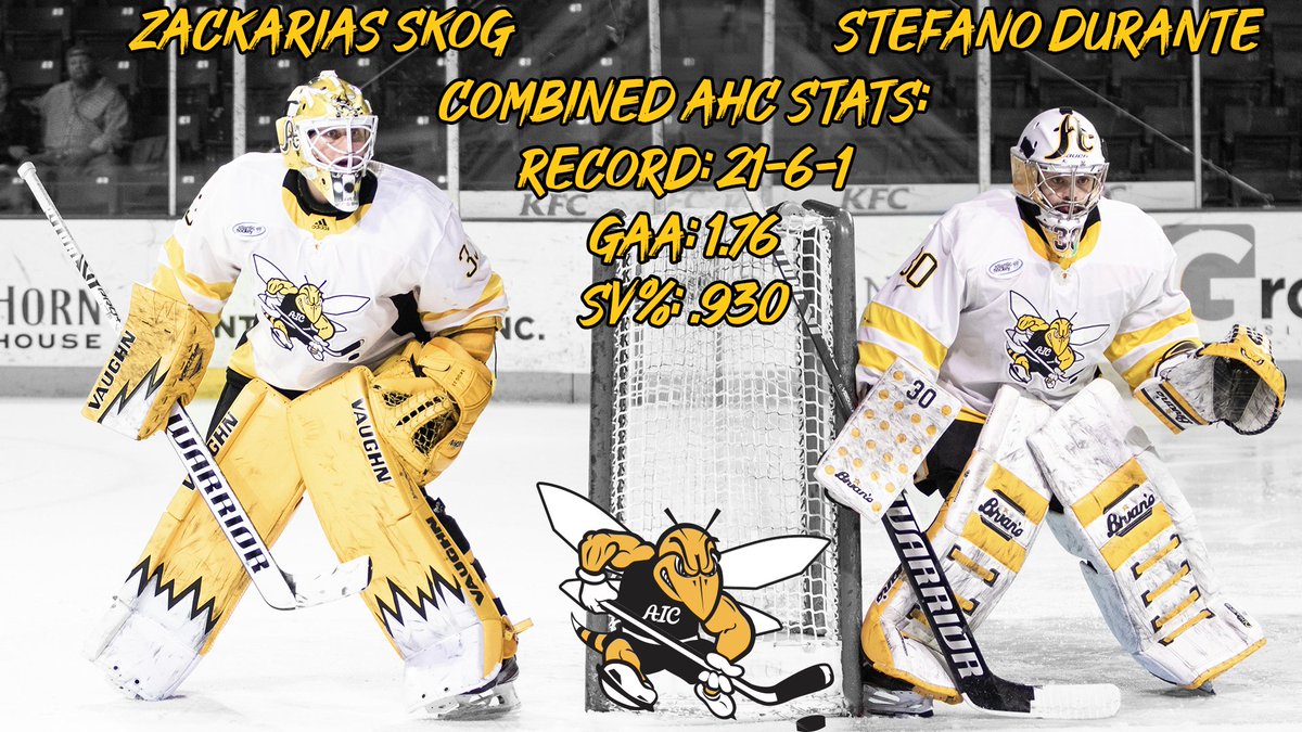 AIC_Hockey's tweet photo. Masked Superhero Pairings, ranked:
4. Cyclops and Wolverine
3. Batman and Robin
2. Iron Man and Captain America
1. Zackarias Skog and Stefano Durante

No @Atlantic_Hockey goalie tandem was more effective all year long than our dominant duo!

#AICommitted https://t.co/HSsmxYoNde