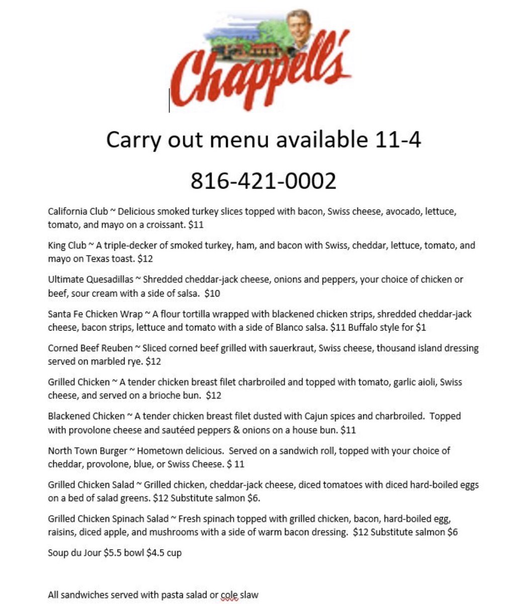 ChappellsMuseum's tweet photo. Open today from 11am to 4pm offering carry out limited menu with some of your Chappell's favorites. 
Give us a call and place your order. 
816.421.0002. #carryout #curbside #kcfoodsnobs #kcfood #kcfoodies #lunch #chappellsnkc #chappellskc https://t.co/BK9TUhyyQB