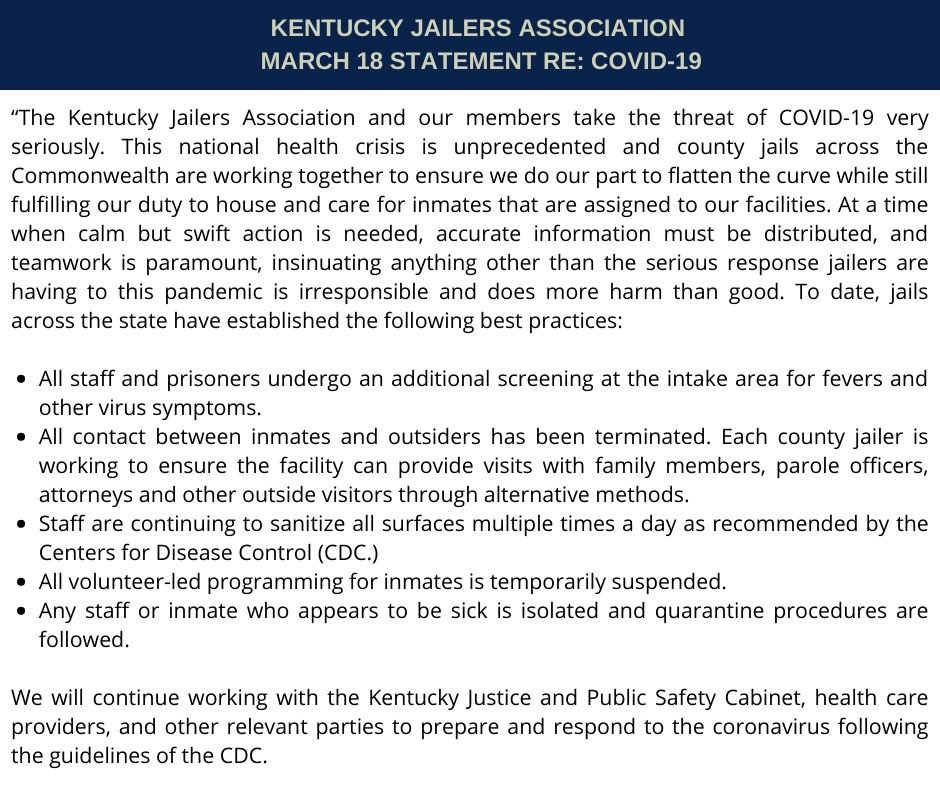 KYJailers's tweet photo. @BGPolitics Statement from @KYJailers re: #COVID19 https://t.co/aBGgCAXMDw