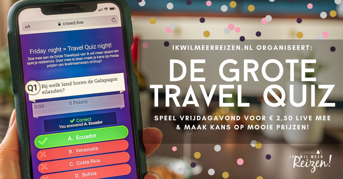Reisfanaten opgelet: test je reiskennis en win mooie prijzen! Voor de prijs van een biertje (€ 2,50) koop je een ticket op ikwilmeerreizen.nl/travelquiz en quiz je gezellig vrijdagavond om 21.00 gezellig mee vanaf de bank! #TogetherAtHome