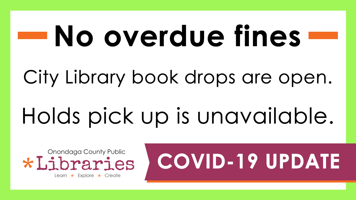 OCPL_CNY's tweet photo. Have overdue books? No worries! We are not charging any overdue fines right now.

Book drops at City Branch Libraries are open if you wish to return items. 

Holds cannot be picked up in person until libraries reopen. https://t.co/sBHbKhfzir