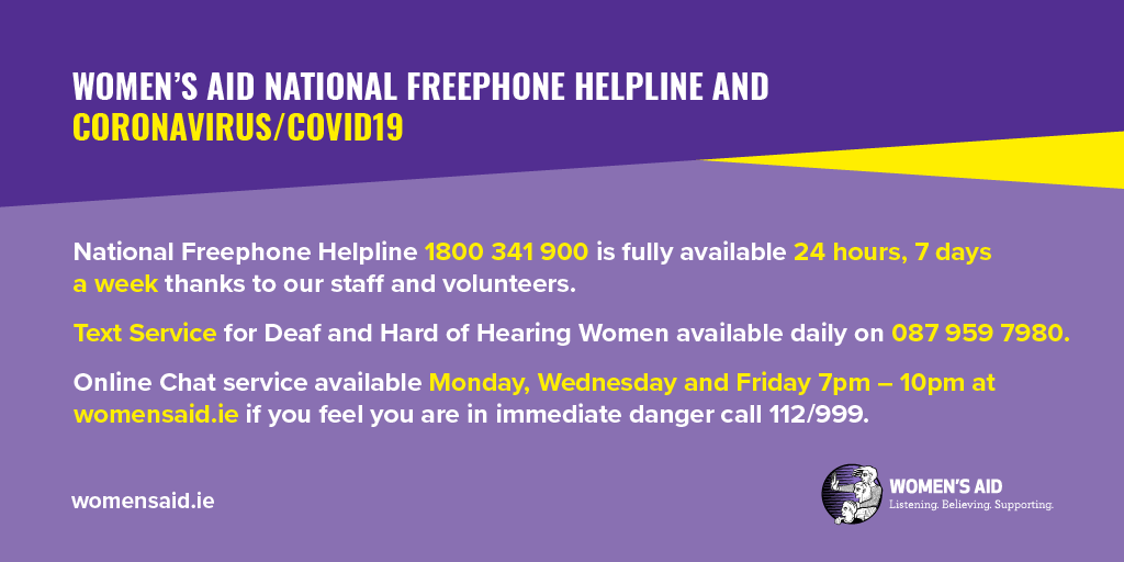 Our National Helpline 1800341900 is fully available 24 hours, 7 days thanks to our frontline staff & volunteers. Our Text Service for Deaf & Hard of Hearing women continues on 087 959 7980 & our online chat service is available as usual  http://womensaid.ie   #covid19Ireland