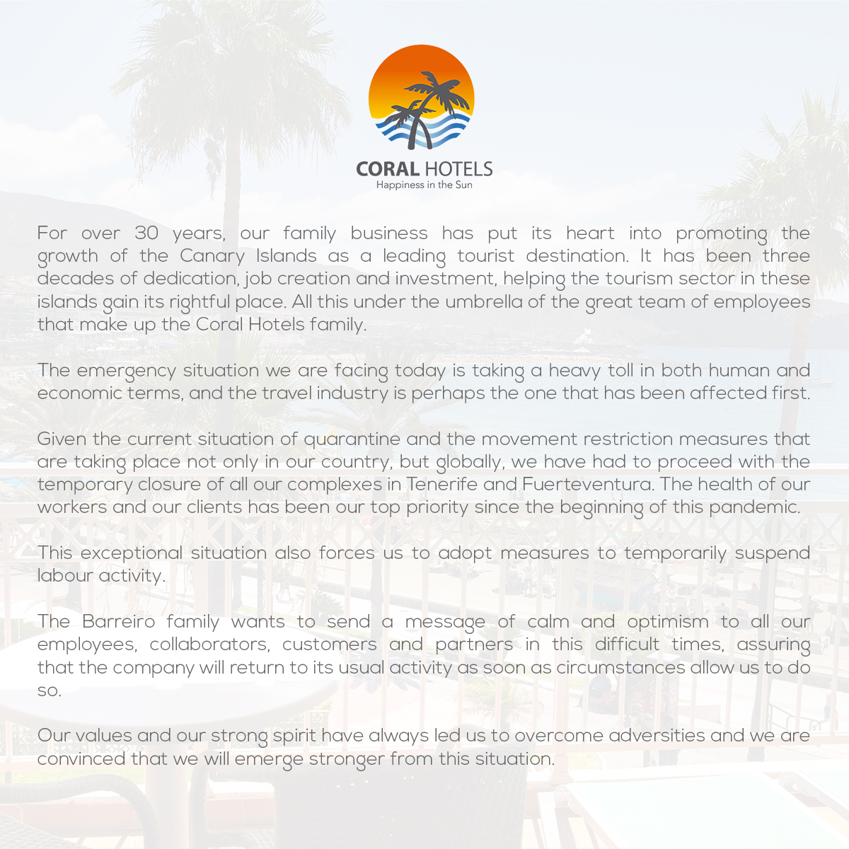 sunprimeocean's tweet photo. From the bottom of our hearts: thank you all for your trust. In case you've got a booking with us, please contact reservas@coral-hotels.com and we will help you re-arrange it. Coral Hotels will return to its usual activity as soon as circumstances allow us to do so.

#CoralHotels https://t.co/AKsP66QiIS