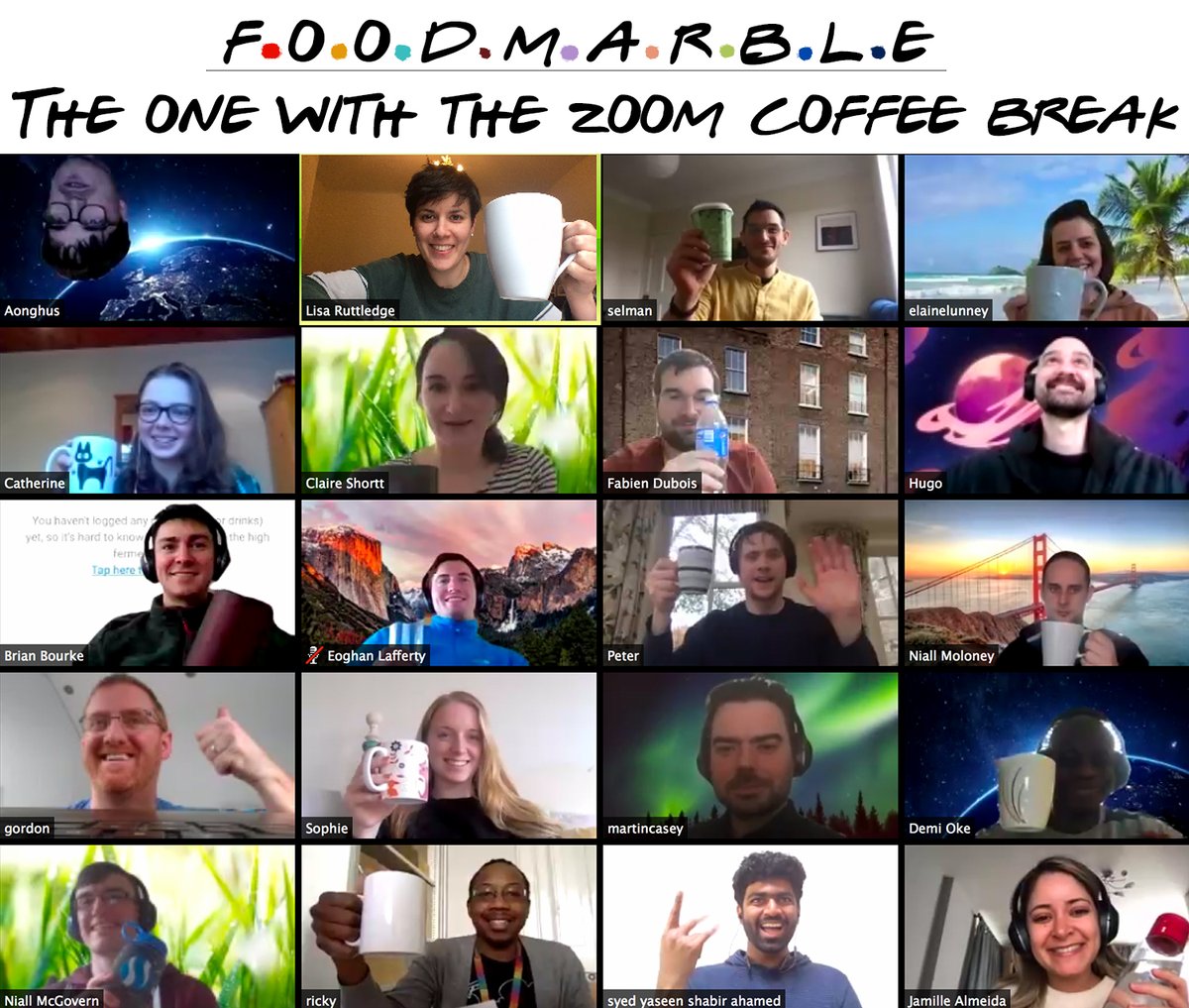 FoodMarble's tweet photo. "The One With The Zoom Coffee Break" 

Our usual coffee break looked a little different today, but we managed! @zoom_us 
#workingfromhome #WednesdayMotivation https://t.co/d4qvQDTZV1