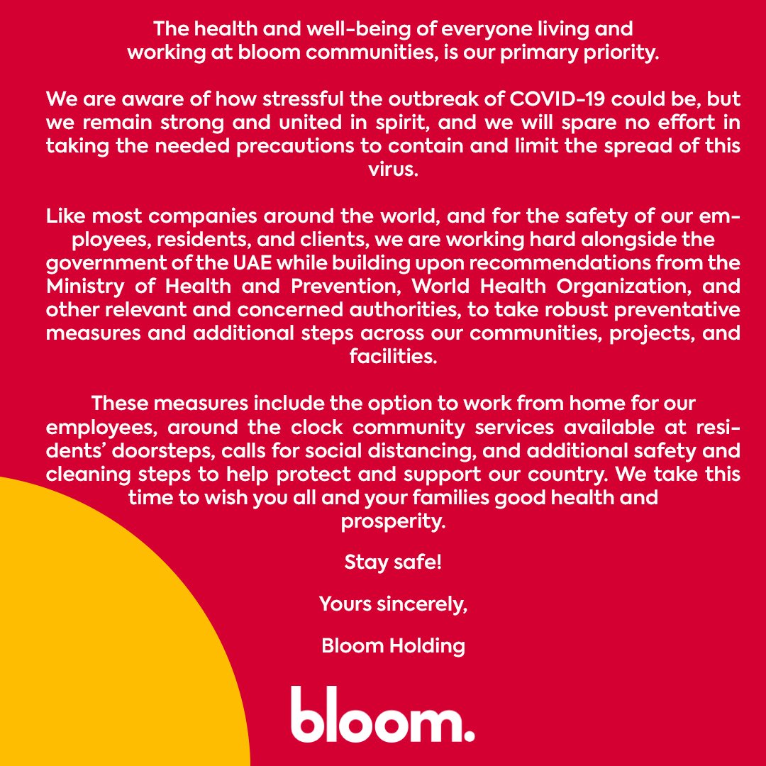 BloomHolding's tweet photo. The health and well-being of everyone living and working at Bloom communities is our primary priority.
#ForeverBloom #BloomProperties #BloomHolding #Corona19 #Health #Safety #UAE https://t.co/BsW7E8j0F1