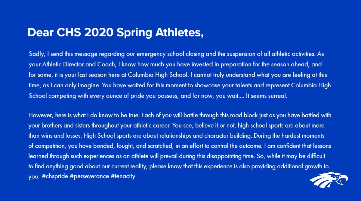 Message from Coach Horner-#bluepride
<a href="/CoILTailgaters/">Columbia Tailgaters</a> <a href="/chsbluecrew4/">CHS BLUE CREW</a> <a href="/CBroadcasters/">CHSBroadcasters</a> <a href="/chseagles4/">Columbia High School</a> <a href="/CMS_MrsHuels/">Mrs. Huels at CMS</a> <a href="/BDReeves_CHS/">Brian Reeves</a> <a href="/CHSsoccer_girls/">Columbia Illinois Soccer</a> <a href="/ColumbiaTrack/">Columbia Eagles Track & Field</a> <a href="/CHSEagleBasebal/">Columbia Baseball</a> <a href="/CHSSoftball_1/">Columbia Softball</a> <a href="/CUSD4_Eagles/">Columbia School District 4</a> <a href="/JonWehrenberg/">Jon Wehrenberg</a> <a href="/jameybridges/">Jamey Bridges</a> <a href="/briweilbacher/">Brianna Weilbacher</a> <a href="/NealODonnell1/">Neal O'Donnell</a>