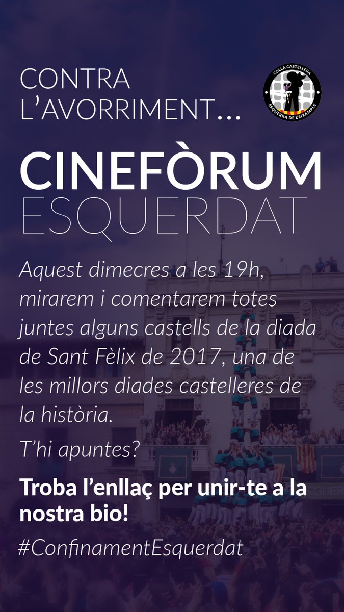 esquerdats's tweet photo. Contra l'avorriment...
CINEFÒRUM ESQUERDAT! 🎥🎬
Aquesta tarda, a les 19h🕖 mirarem i comentarem la Diada de Sant Fèlix de 2017 a través de https://t.co/PmbK3TvjAv 💪💜
No t'ho perdis! #Esquerdats #ConfinamentEsquerdat https://t.co/0SNedlZS9A
