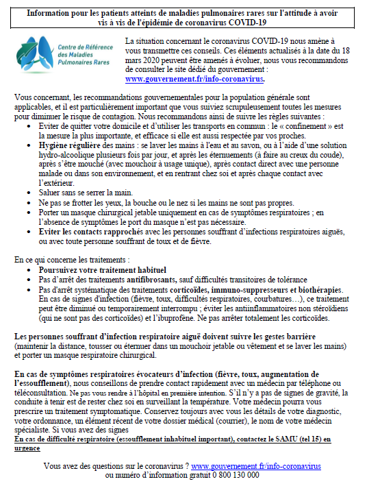 OrphaLung's tweet photo. Recommandations du conseil scientifique du centre de référence OrphaLung des maladies pulmonaires rares, destinées aux patients. Respectez le confinement ainsi que vos proches !
A retrouver sur https://t.co/I5r3wXiuPw @RespiFIL @CHUdeLyon https://t.co/ejn80FmtEg