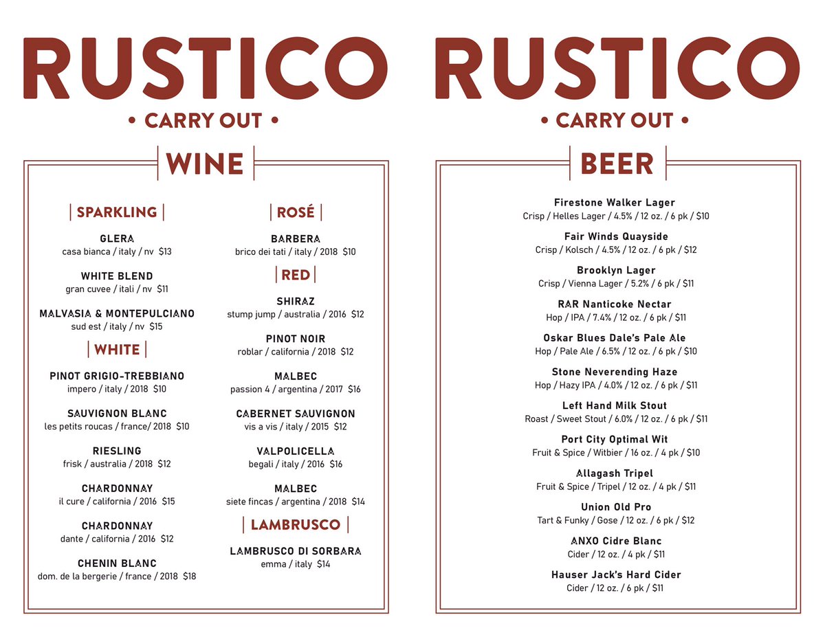 We’re here for you + here for our team. Delivery from Rustico Alexandria  is now available via DoorDash: doordash.com/store/rustico-…

Or, place your carry-out order at 703-224-5051, pick it up in person + purchase some libations from our retail beer can, bottle + wine stock.
