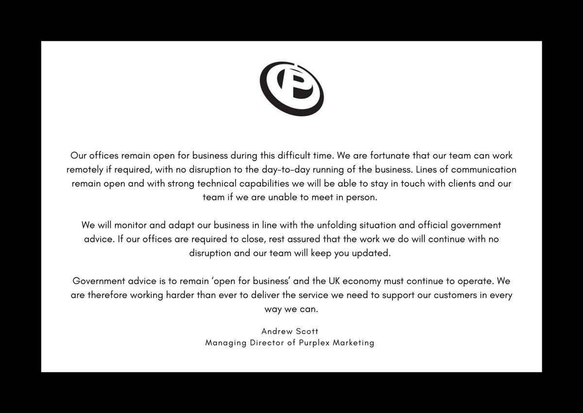 PurplexUK's tweet image. We remain open for business during this difficult time. We are fortunate that our team can work remotely if required, with no disruption to the day-to-day running of the business. Lines of communication remain open and with strong technical capabilities we will be able to sta ...