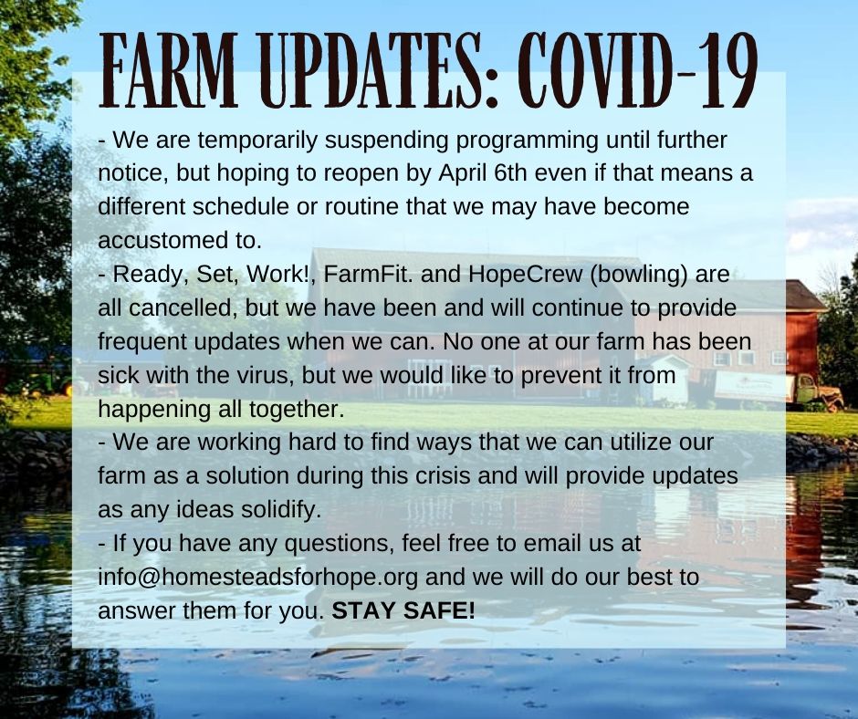 Homesteads4Hope's tweet photo. Hello Homesteaders! 
Here are our current updates as of 3/18/2020
We will continue to update as needed. Stay Safe! https://t.co/LCTh4fPNWO