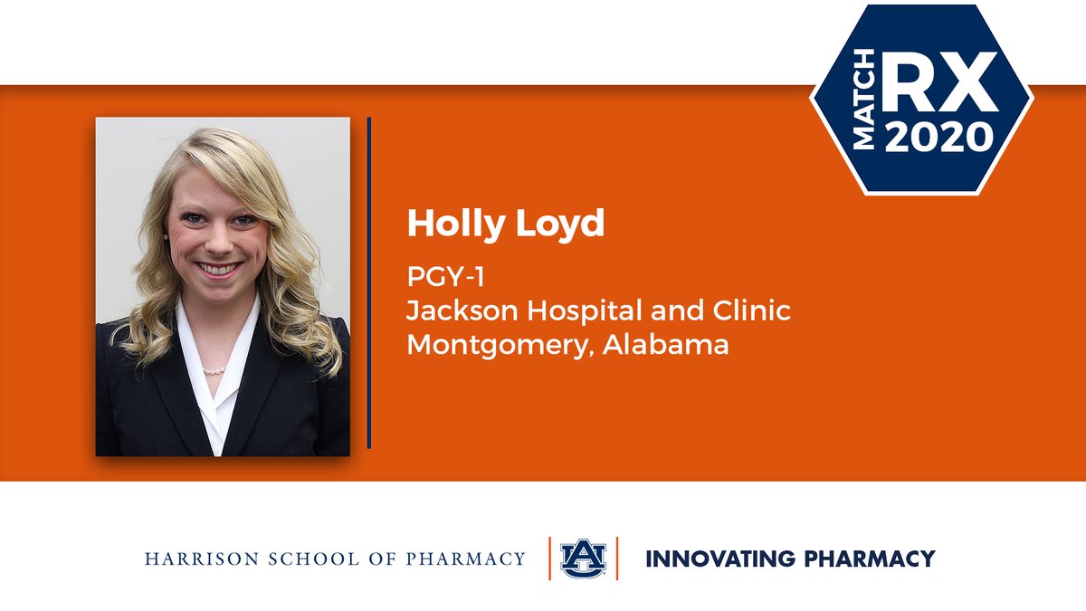 auhcop's tweet photo. Congratulations to Holly Loyd on accepting a PGY-1 residency at Jackson Hospital and Clinic in Montgomery, Alabama!

#WarEagle | #CaringForAlabama | #InnovatingPharmacy | #RxMatch https://t.co/eliEb4O27r