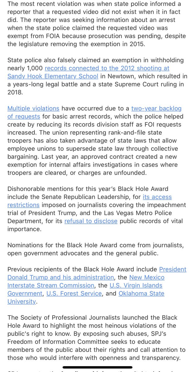 The Society of Professional Journalists <a href="/spj_tweets/">Society of Professional Journalists</a> has given its annual “black hole” award for lack of transparency by a public agency to <a href="/CT_STATE_POLICE/">CT State Police</a>. 🥳 <a href="/Reporter_Savino/">Mike Savino🗒🎥</a>