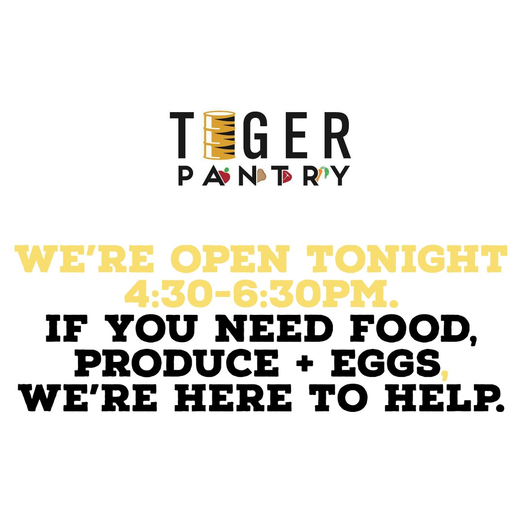 We will be open TONIGHT for the LAST TIME before we're on campus! 🎉We believe that everyone deserves to have access to quality food, especially in times of uncertainty. We've worked hard to remain clean, open + stocked. Let's Fight Tiger, Fight Hunger together. #TigerPantryCares