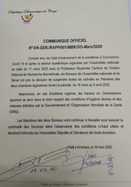 erictshikuma's tweet photo. #RDC #COVID19 Les parlementaires @AssembleeN @senatrdc décident de se confiner sans s'être rassurés que l'Exécutif national ait pris de mesures de confinement pour protéger le peuple, leur électorat. #OpinionLibre entendue d'un débat entre citoyens #BaBetiFaux #LePeupleDAbord https://t.co/WHsjYrlI9i