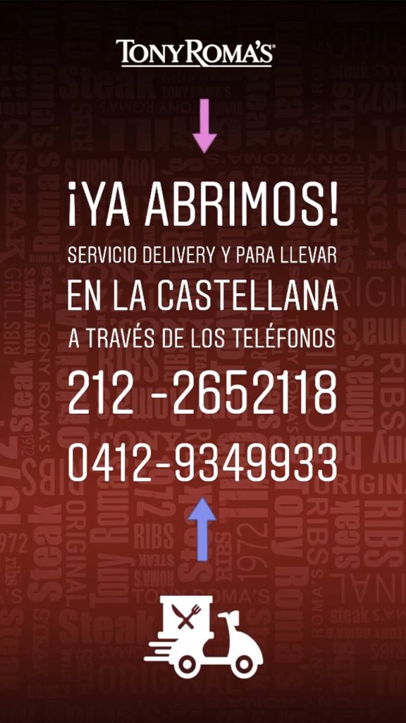 TonyRomasVE's tweet photo. Si estás en #Caracas aprovecha nuestro servicio delivery completamente gratis y ordena tus preferidos de Tony. ¡Estamos contigo! https://t.co/a2YuyKF8TU