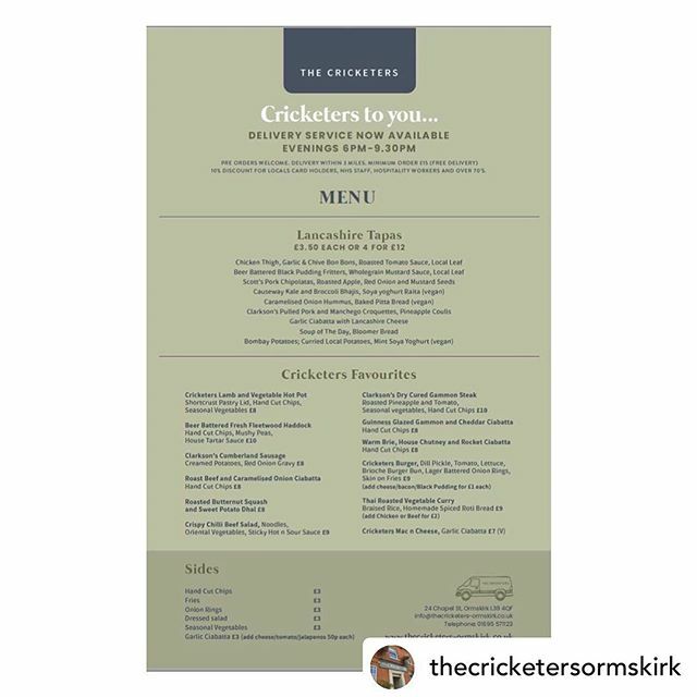 What an amazing idea. If anyone wants to try just take a look at the menu and give them a ring!! Posted <a href="/withregram/">Repost app</a> • @thecricketersormskirk !!! TAKING ORDERS NOW FOR DELIVERY TONIGHT !!
.
.
LIMITED SLOTS AVAILABLE FOR DELIVERY. COLLECTIONS AVAILABLE… ift.tt/3bb5SQ5