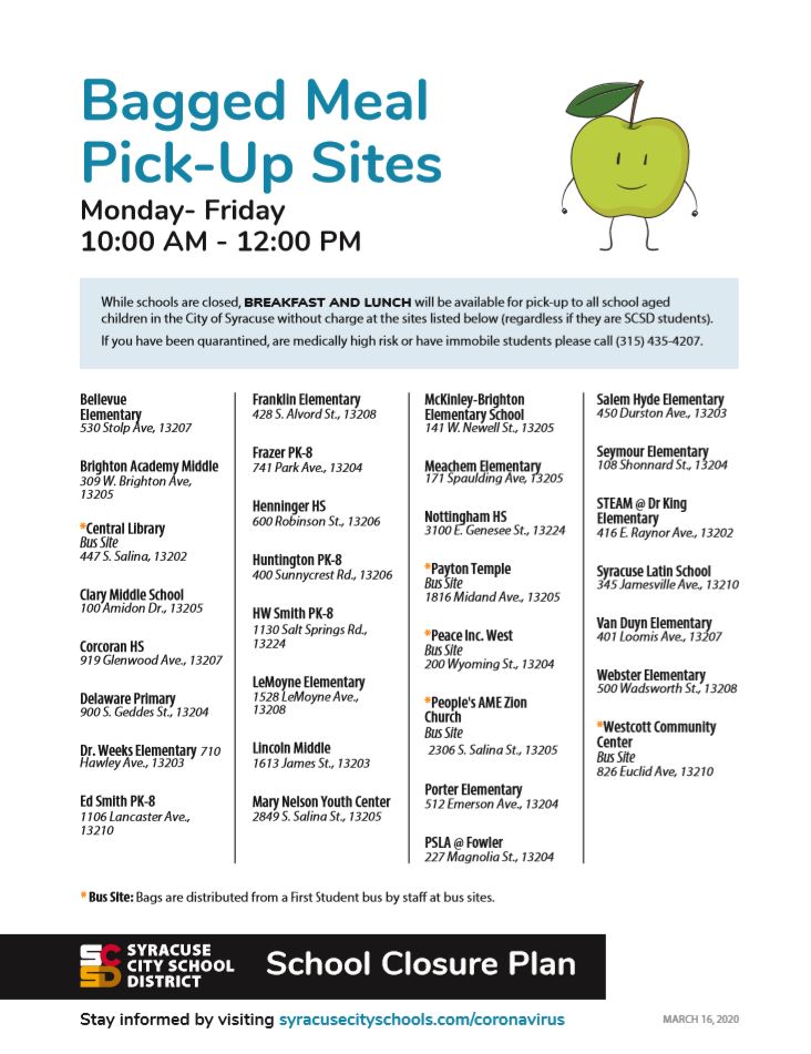 SyracuseSchools's tweet photo. Please spread the word: free bagged breakfast and lunch now available for pickup Monday - Friday to all school-aged children in the City of Syracuse at the sites below.

Online learning resources for SCSD families are also available: https://t.co/RxX4uzb4Bg https://t.co/U3N2BDQiDg