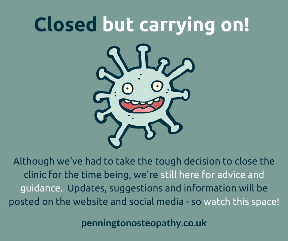 Penningtonosteo's tweet photo. It's a tough decision to close the clinic for now - but I'm still here to help! If you have pain and need some guidance, I'm on the end of the phone (or the email, if you prefer!) Get in touch!
#coronavirus #downbutnotout #heretohelp #dontpanic #keeponkeepingon #OsteopathyWorks https://t.co/dwpjCrVdJ3
